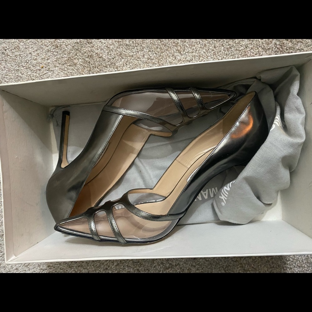 Manolo Blahnik Pewter pvc and leather heels sz 9 39 Lightly Used